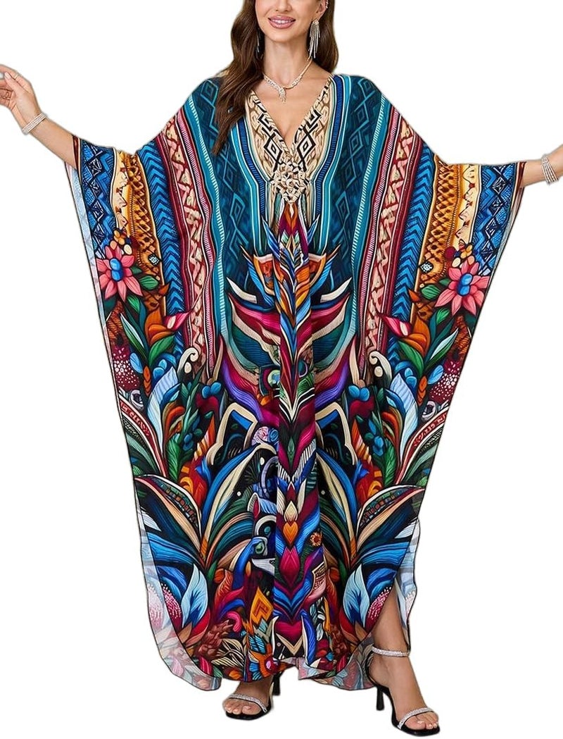 KEYLORTING Women’s Kaftan Beach Cover Up Dress Plus Size Summer Swimsuit Loungewear Maxi Dress - Image 1